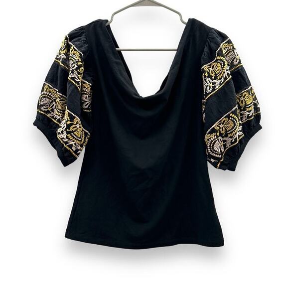 Free People Rock With It Black‎ Embroidered Off the Shoulder Pullover Top Sz M - Picture 2 of 11